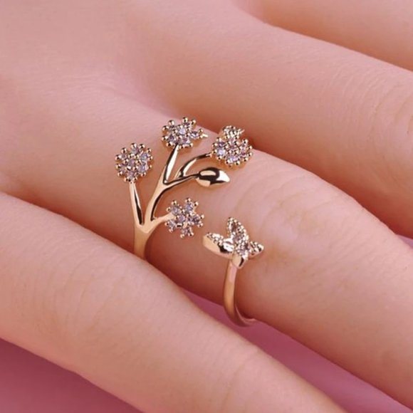 Gold & CZ Flower Leaf Adjustable Ring - Picture 3 of 11